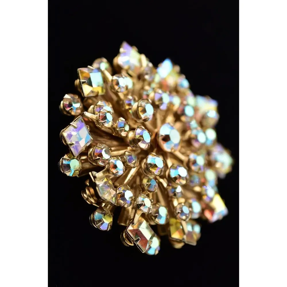 Vintage Crystal Starburst Flower Pin Brooch Aurora Borealis Rhinestone 60s BinBI